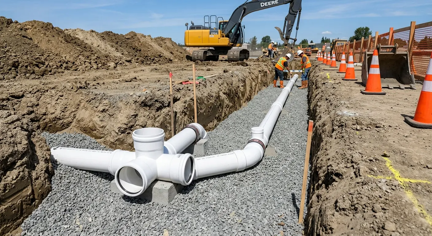 New PVC sewer pipe installation in open trench for Sewer Camera Inspection in Jefferson